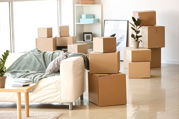 Furniture, belongings and moving boxes in room.